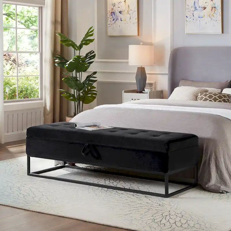Banc de rangement en velours avec piètement en métal