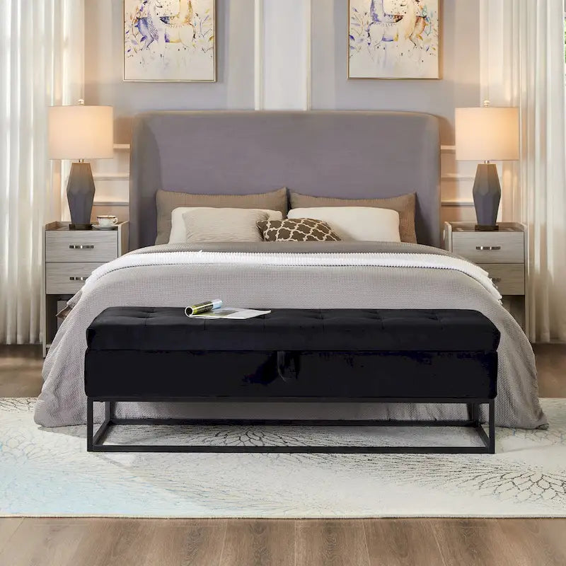Banc de rangement en velours avec piètement en métal