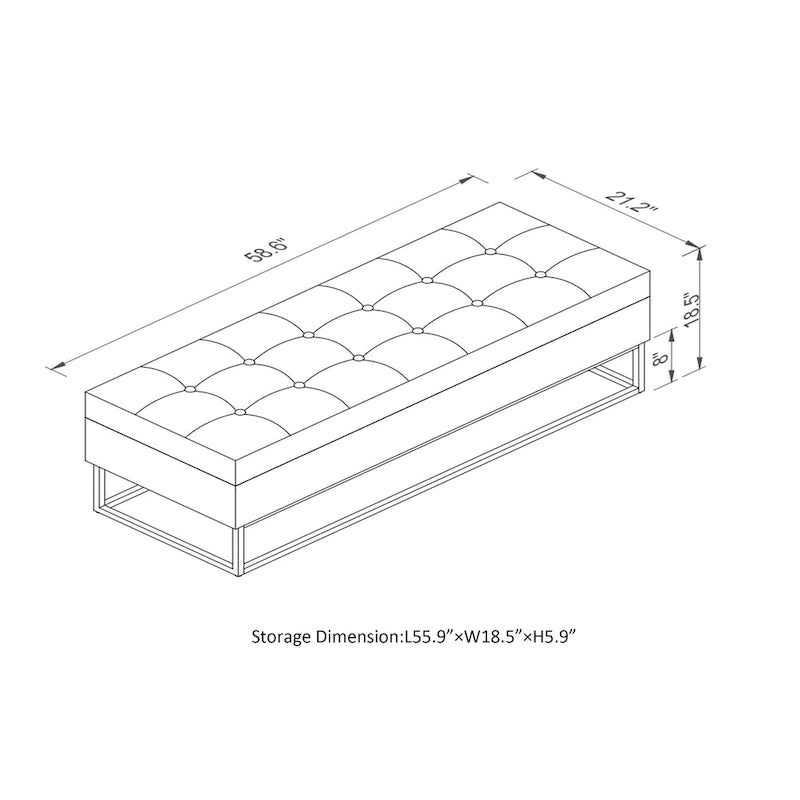Banc de rangement en velours avec piètement en métal