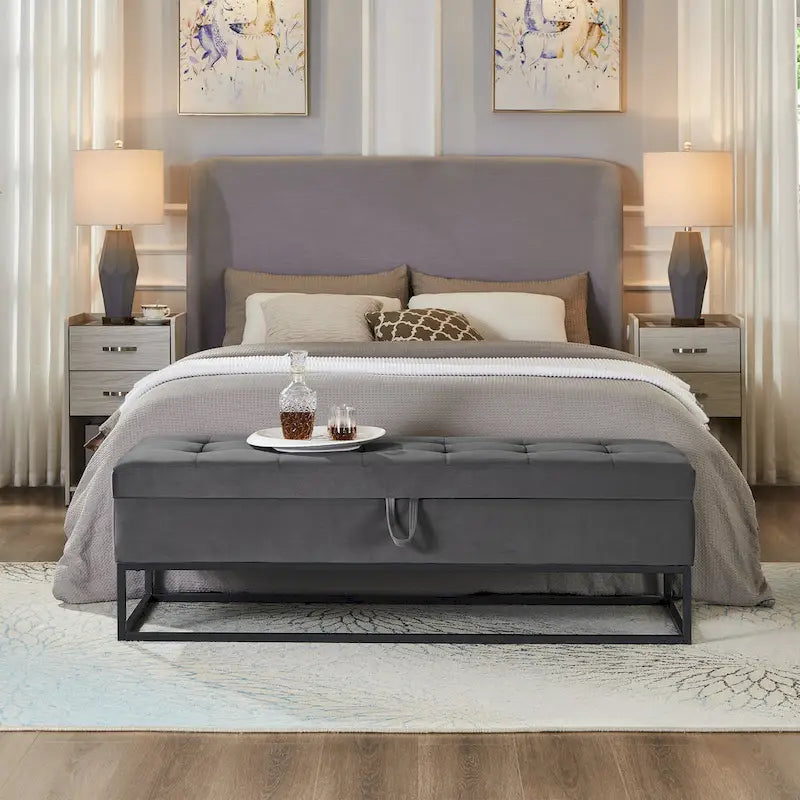 Banc de rangement en velours avec piètement en métal