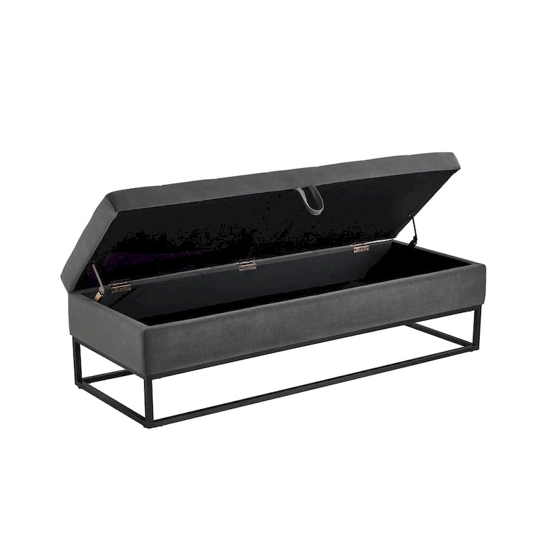 Banc de rangement en velours avec piètement en métal