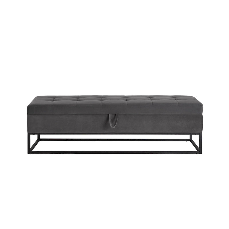 Banc de rangement en velours avec piètement en métal