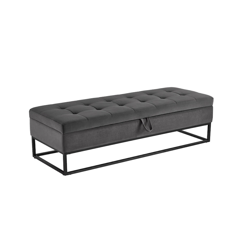 Banc de rangement en velours avec piètement en métal