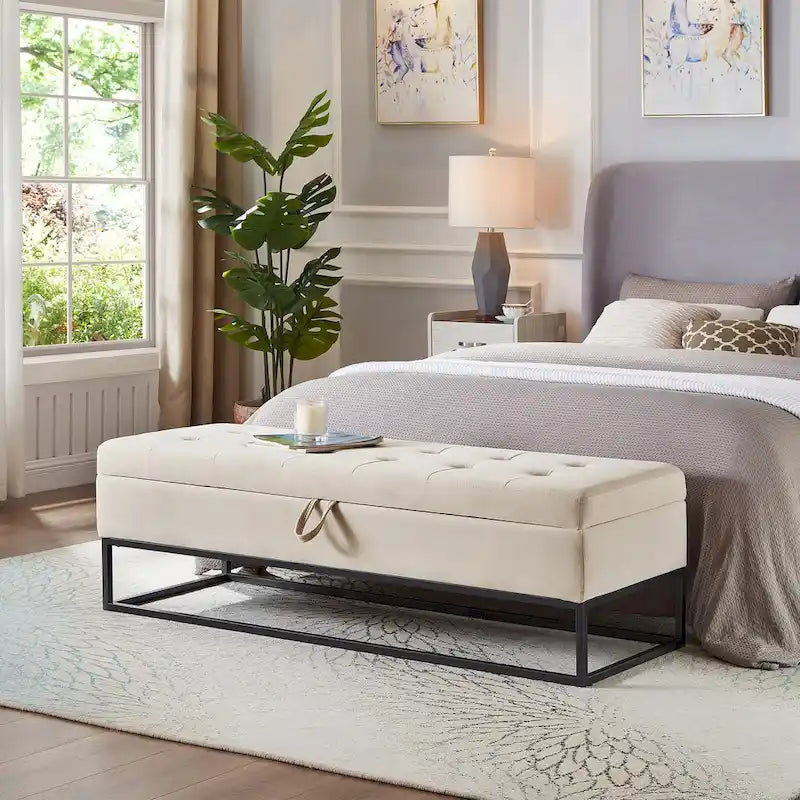 Banc de rangement en velours avec piètement en métal