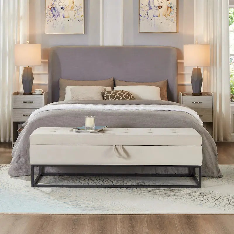 Banc de rangement en velours avec piètement en métal