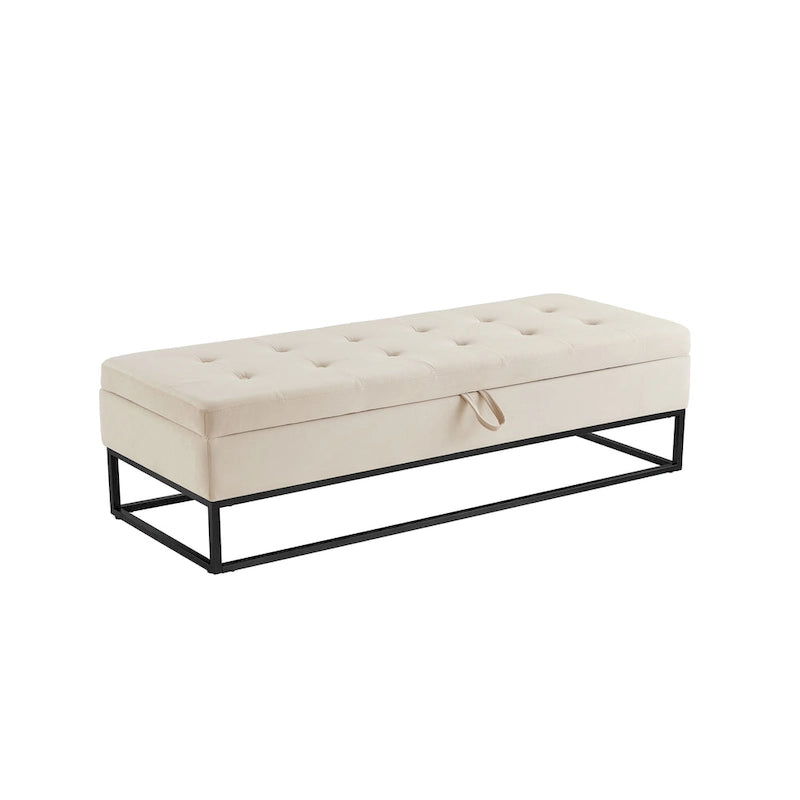 Banc de rangement en velours avec piètement en métal