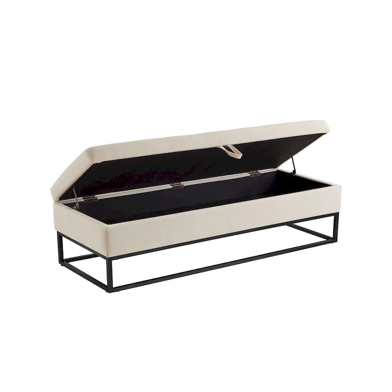 Banc de rangement en velours avec piètement en métal