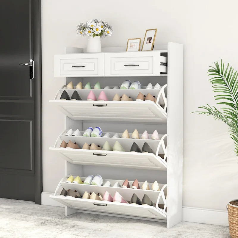 Meuble à chaussures d'entrée avec porte-manteau, banc, 5 patères et étagère de rangement, blanc