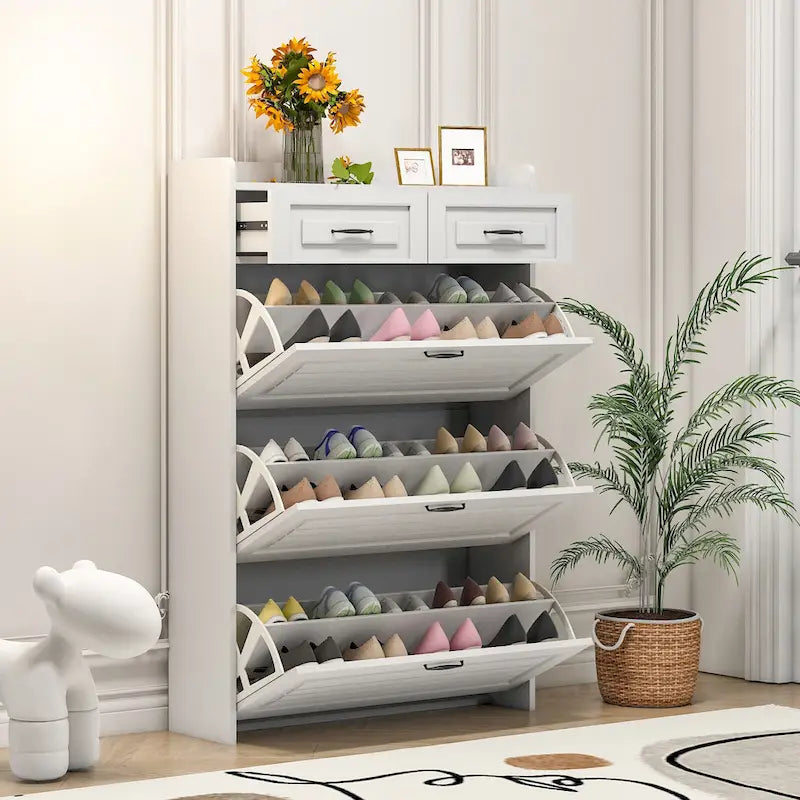 Meuble à chaussures d'entrée avec porte-manteau, banc, 5 patères et étagère de rangement, blanc