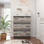 Meuble à chaussures d'entrée avec porte-manteau, banc, 5 patères et étagère de rangement, blanc