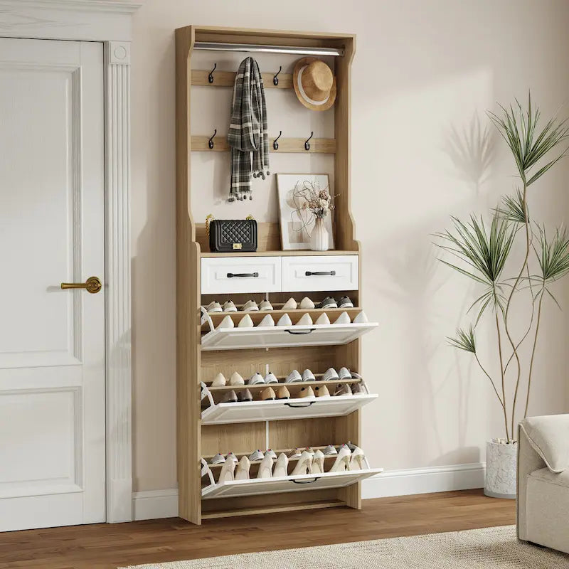 Meuble à chaussures avec 3 portes basculantes et 2 tiroirs