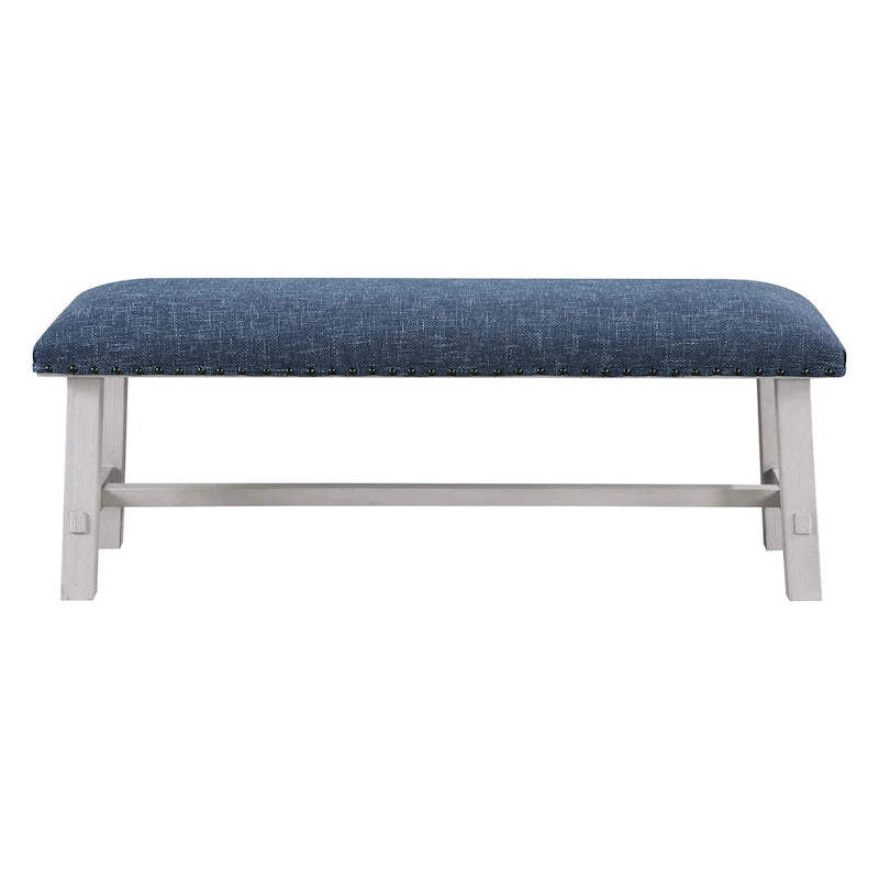 Banc Callen avec cadre blanc délavé et garniture cloutée en bronze antique, en tissu bleu marine