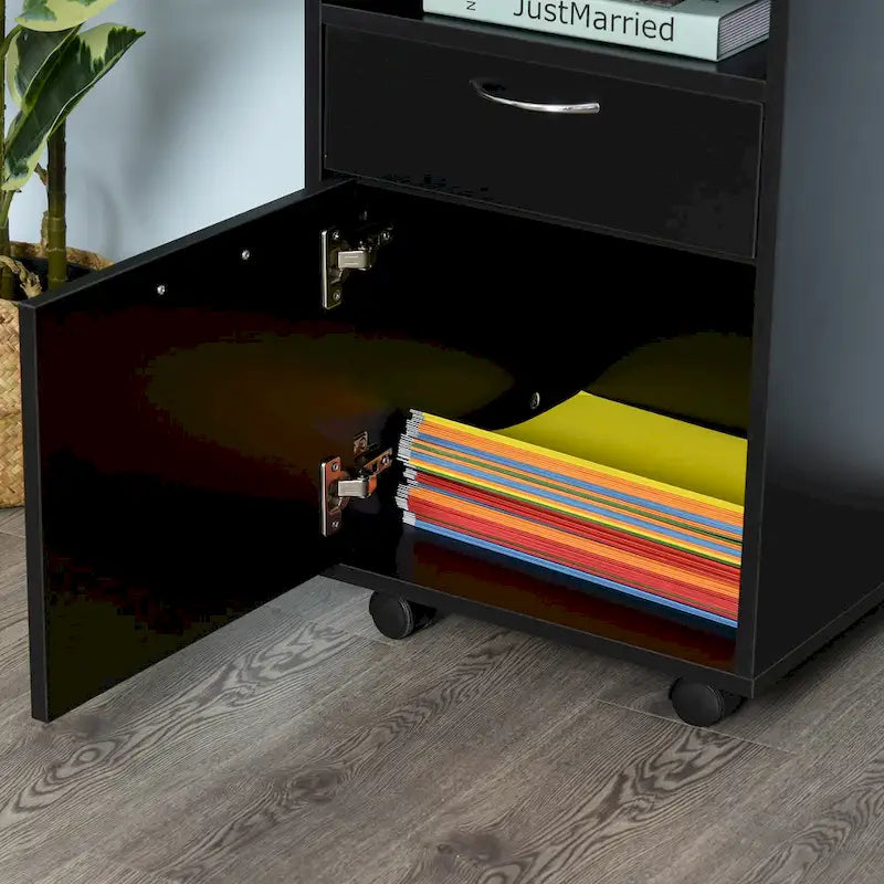 Meuble d'imprimante mobile de 24 po avec tiroir et armoire, noir
