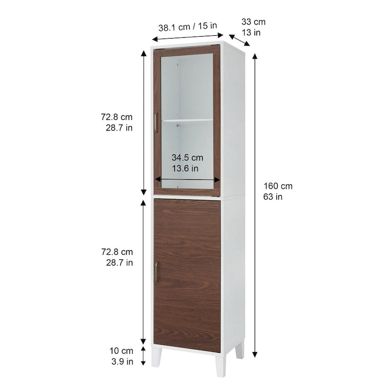 Colonne de rangement pour linge de maison sur pied avec portes en verre et en bois