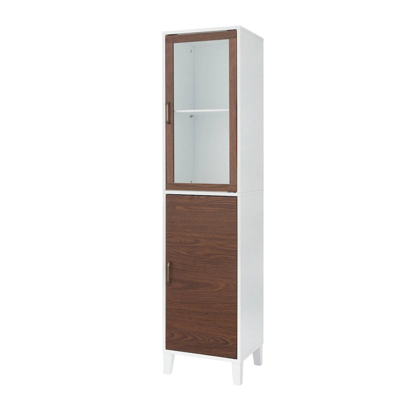 Colonne de rangement pour linge de maison sur pied avec portes en verre et en bois