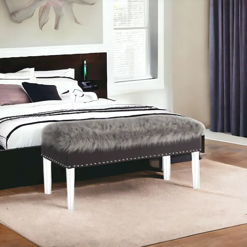 Banc de rangement en fausse fourrure de 42 pouces avec couvercle à charnière et base en acrylique