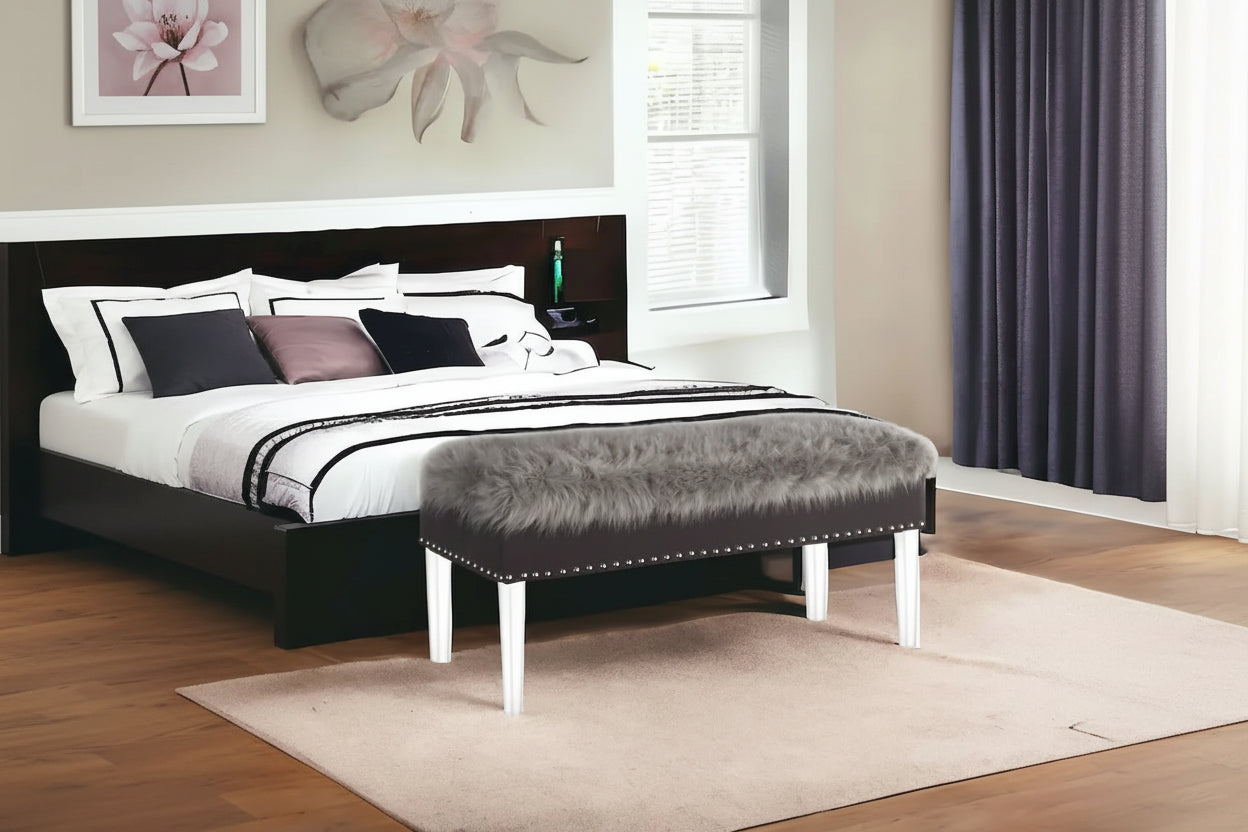 HomeRoots 42 Gray and Clear Upholstered Faux Fur Bench with Flip top