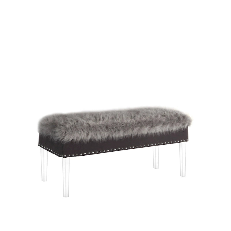 Banc de rangement en fausse fourrure de 42 pouces avec couvercle à charnière et base en acrylique