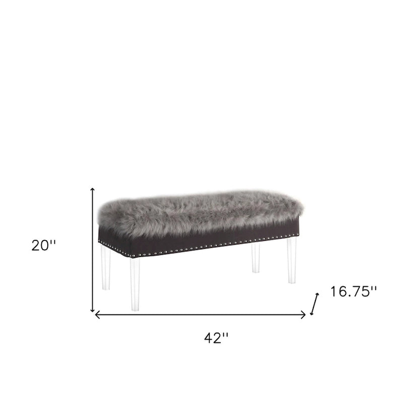 Banc de rangement en fausse fourrure de 42 pouces avec couvercle à charnière et base en acrylique