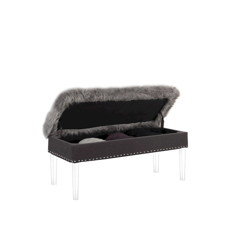 Banc de rangement en fausse fourrure de 42 pouces avec couvercle à charnière et base en acrylique