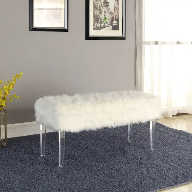 Banc de rangement en fausse fourrure de 42 pouces avec couvercle à charnière et base en acrylique