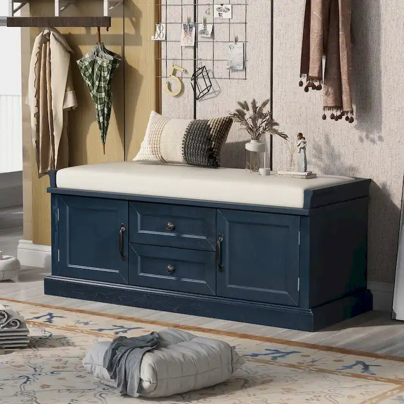 Banc de rangement avec 2 tiroirs, 2 placards et un coussin amovible