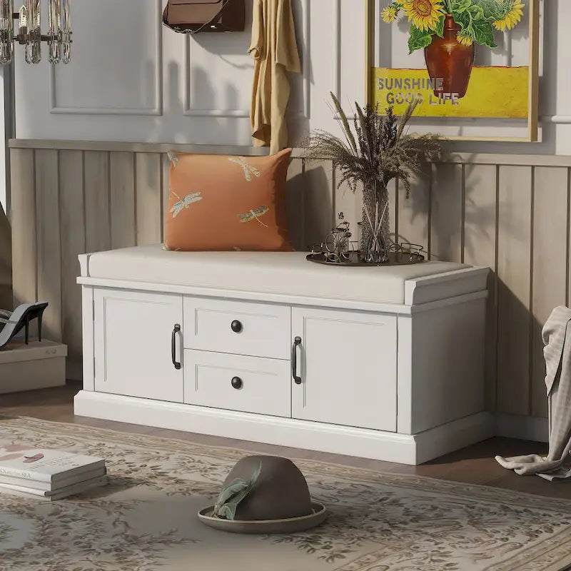 Storage Bench with 2 Drawers and 2 Cabinets, Shoe Bench with Removable Cushion for Living Room, Entryway