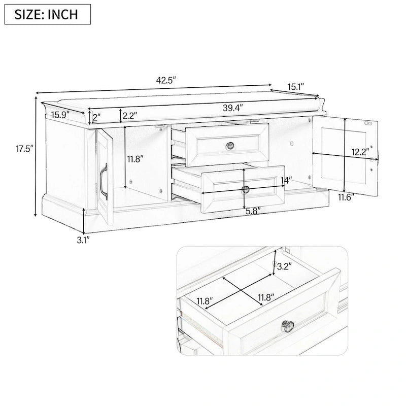 Banc de rangement avec 2 tiroirs, 2 placards et un coussin amovible