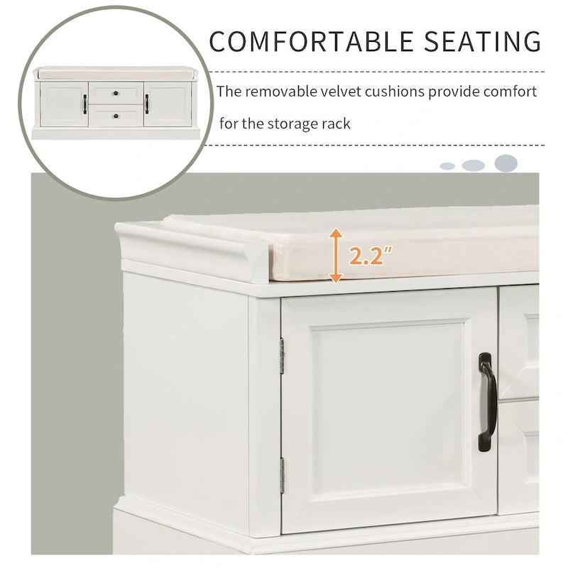 Banc de rangement avec 2 tiroirs, 2 placards et un coussin amovible