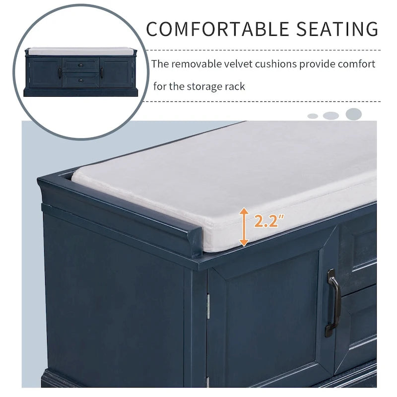 Banc de rangement avec 2 tiroirs, 2 placards et un coussin amovible
