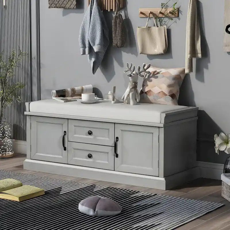 Banc de rangement avec 2 tiroirs, 2 placards et un coussin amovible