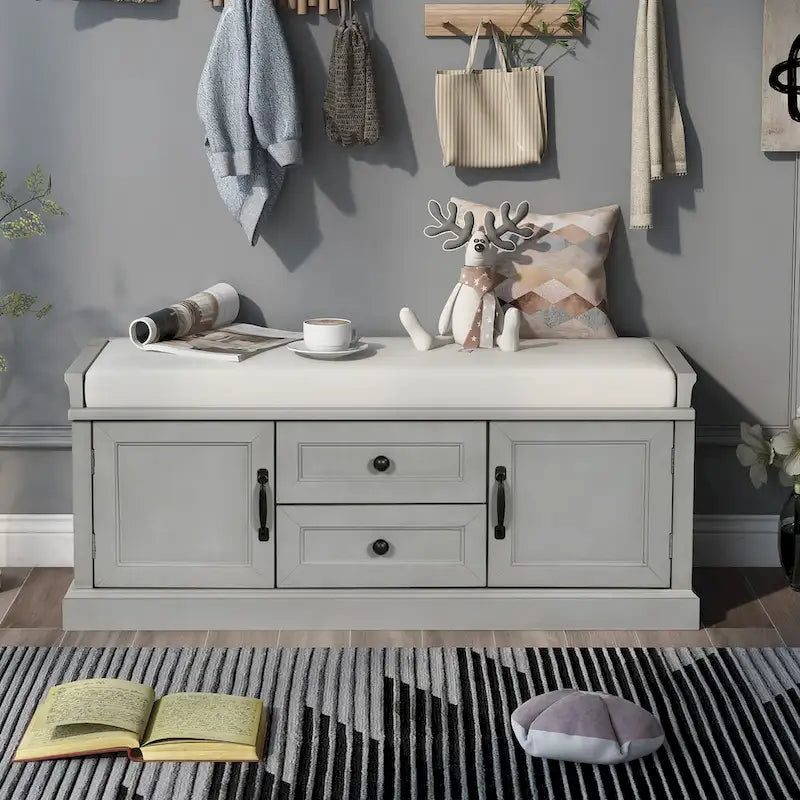 Banc de rangement avec 2 tiroirs, 2 placards et un coussin amovible
