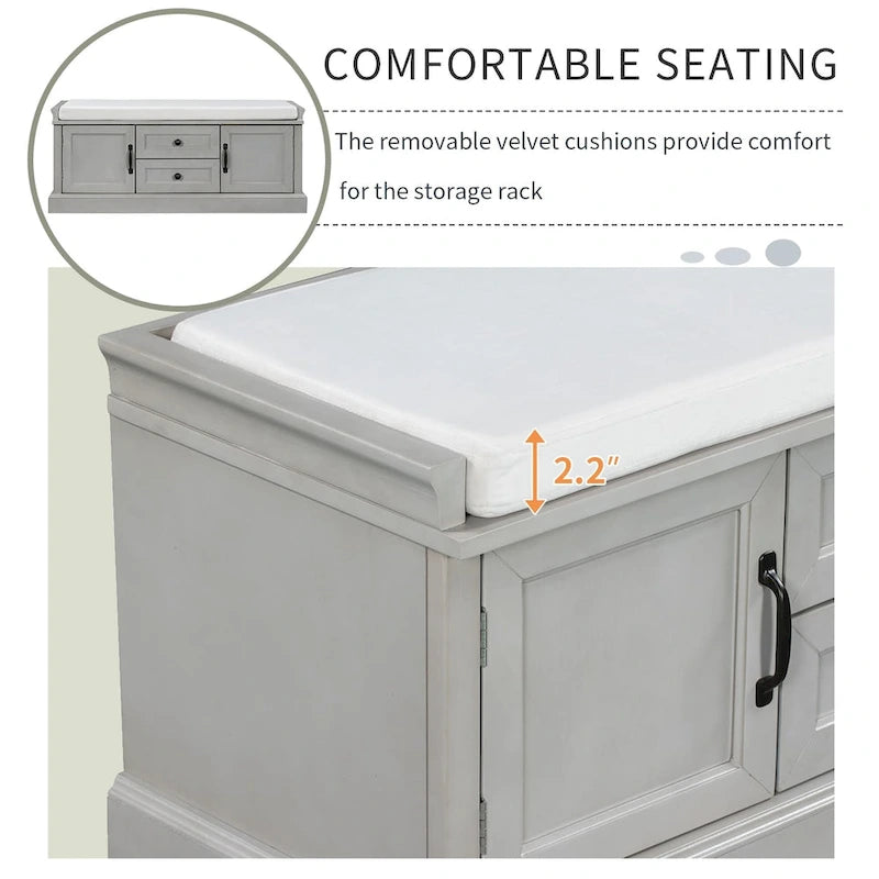Banc de rangement avec 2 tiroirs, 2 placards et un coussin amovible