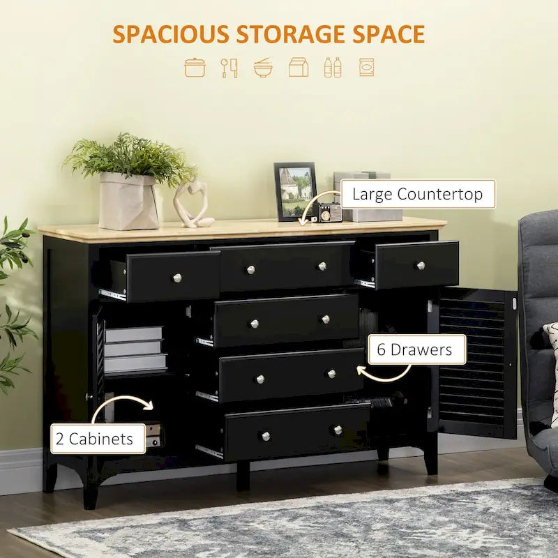 Buffet bahut avec tiroirs de rangement, plateau en bois et étagères réglables, noir