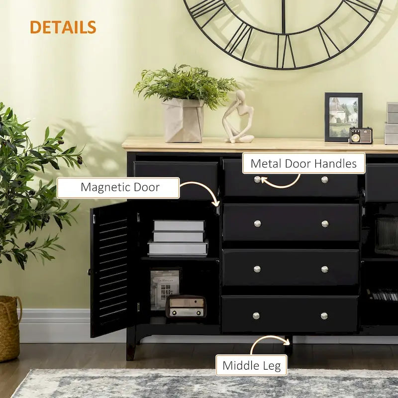 Buffet bahut avec tiroirs de rangement, plateau en bois et étagères réglables, noir