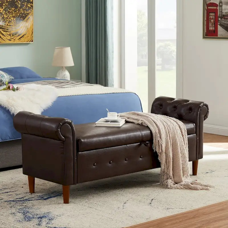 Banc de rangement ottoman avec accoudoirs roulés et capitonnage à boutons