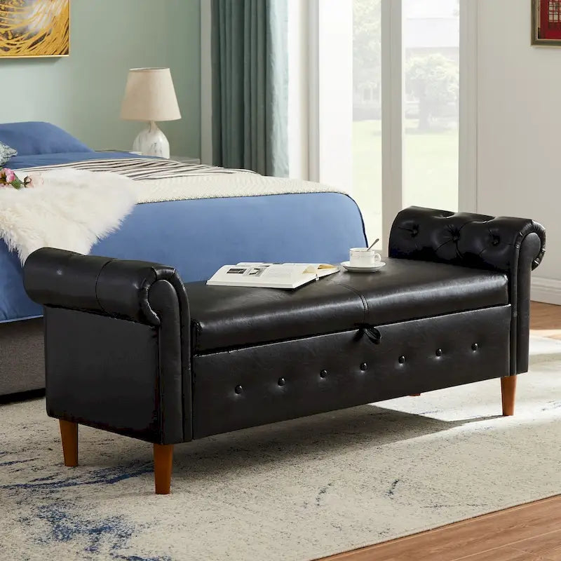Banc de rangement ottoman avec accoudoirs roulés et capitonnage à boutons