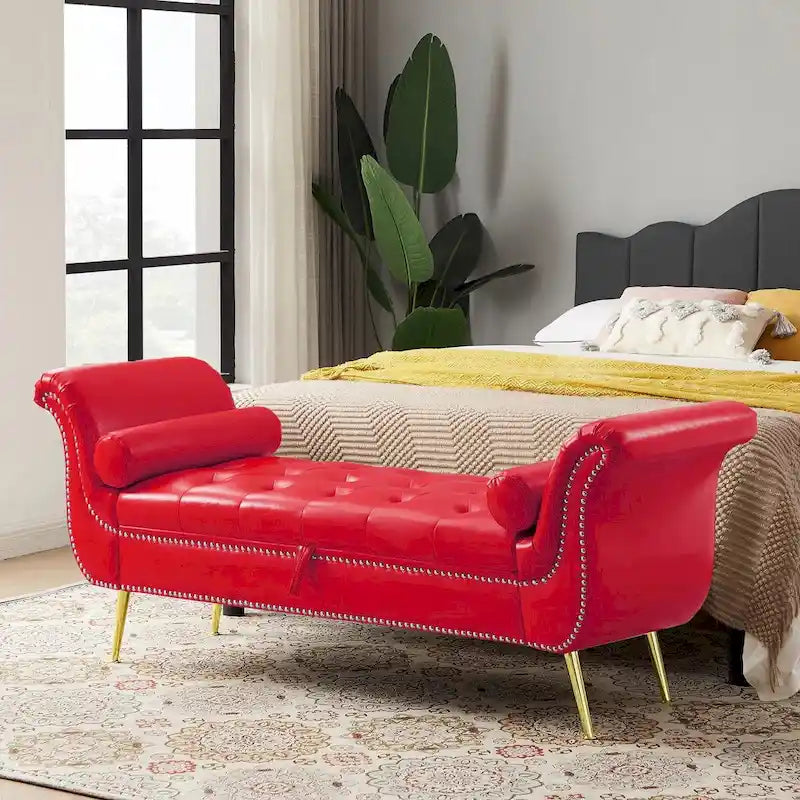 Banc de rangement ottoman avec accoudoirs roulés et capitonnage à boutons