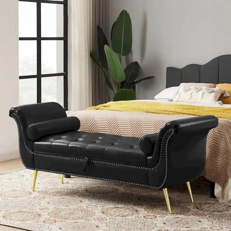 Banc de rangement ottoman avec accoudoirs roulés et capitonnage à boutons