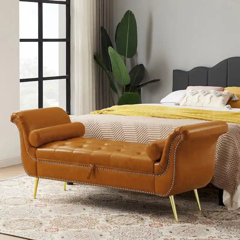 Banc de rangement ottoman avec accoudoirs roulés et capitonnage à boutons