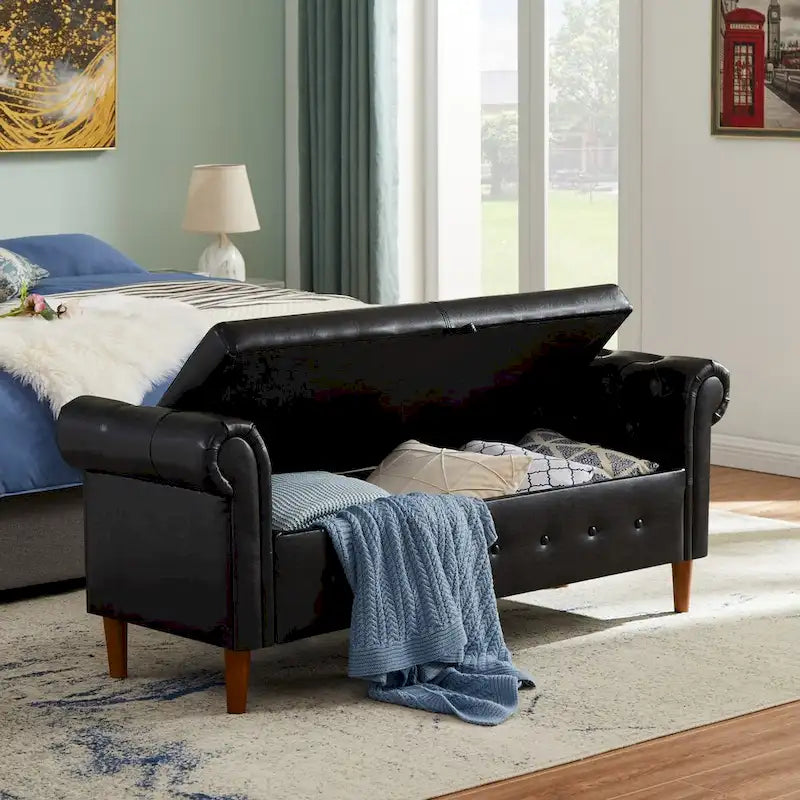 Banc de rangement ottoman avec accoudoirs roulés et capitonnage à boutons