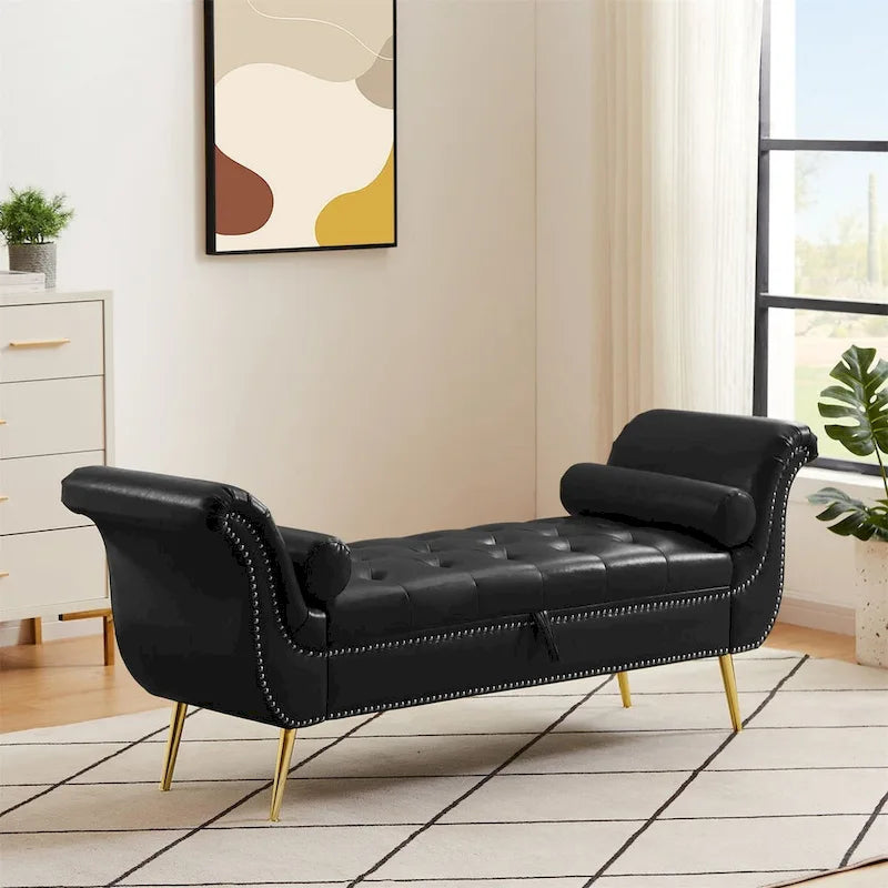 Banc de rangement ottoman avec accoudoirs roulés et capitonnage à boutons