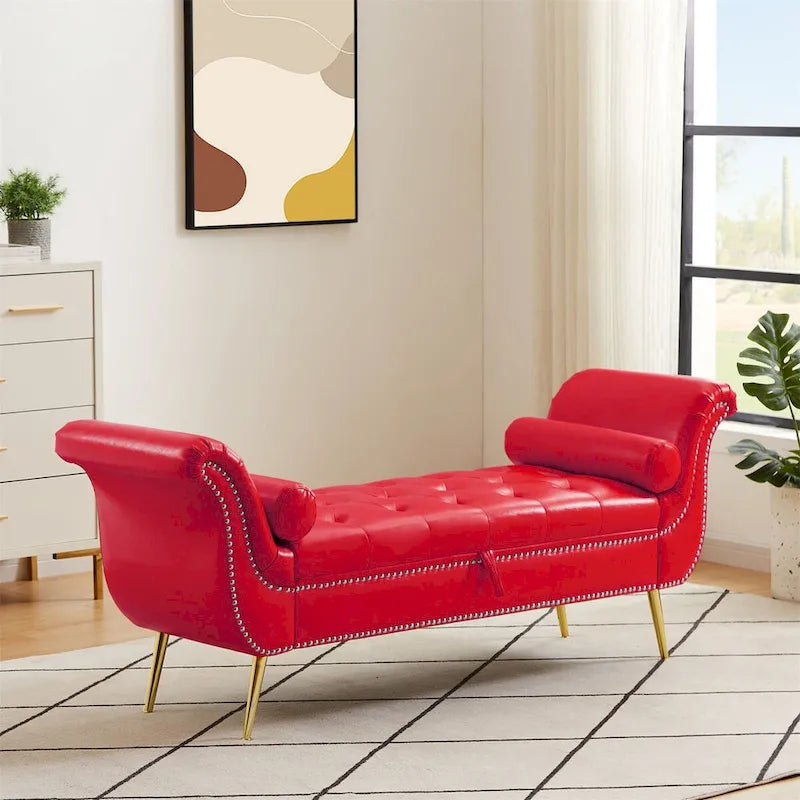 Banc de rangement ottoman avec accoudoirs roulés et capitonnage à boutons