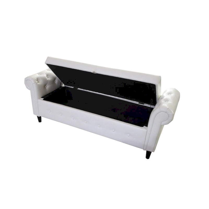 Banc de rangement ottoman avec accoudoirs roulés et capitonnage à boutons