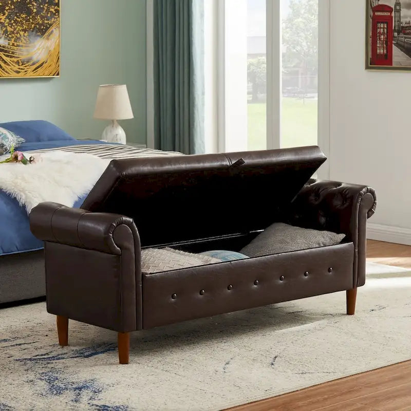 Banc de rangement ottoman avec accoudoirs roulés et capitonnage à boutons
