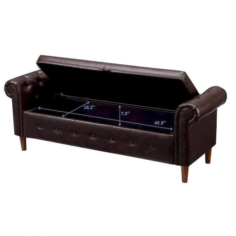Banc de rangement ottoman avec accoudoirs roulés et capitonnage à boutons
