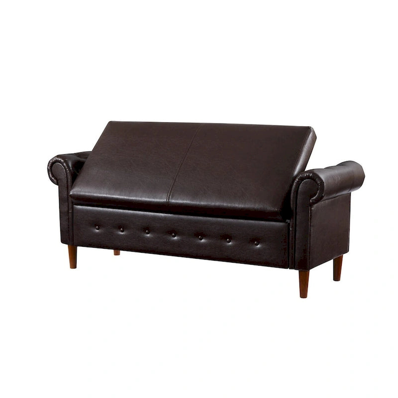 Banc de rangement ottoman avec accoudoirs roulés et capitonnage à boutons