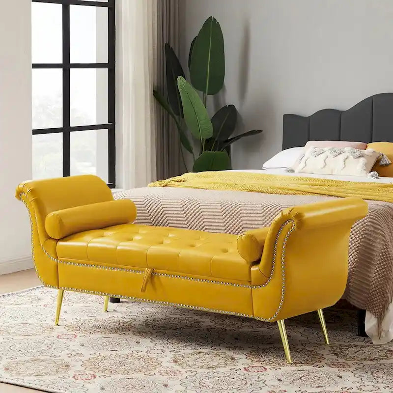 Banc de rangement ottoman avec accoudoirs roulés et capitonnage à boutons