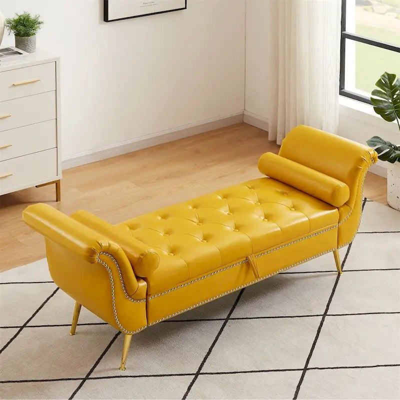 Banc de rangement ottoman avec accoudoirs roulés et capitonnage à boutons