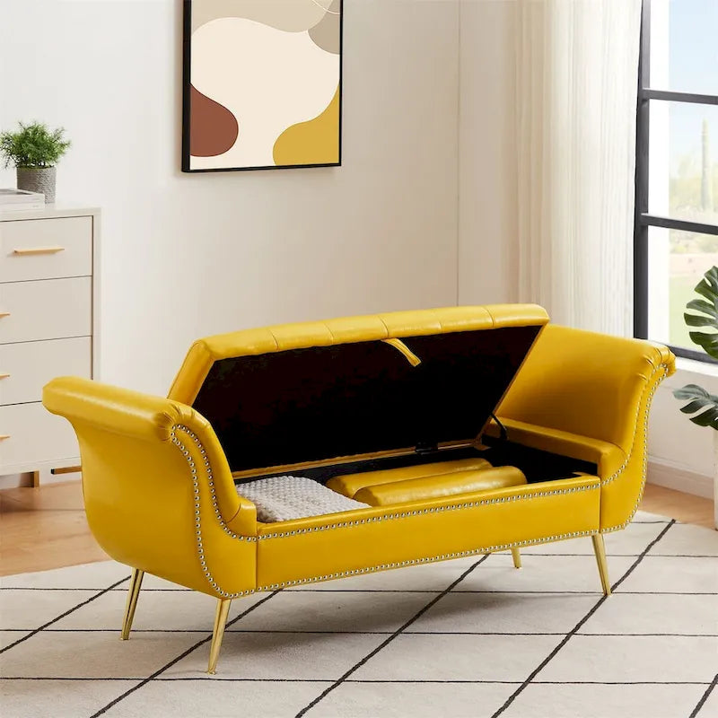 Banc de rangement ottoman avec accoudoirs roulés et capitonnage à boutons